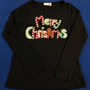Kim Rogers Merry Christmas Embroidered Black Long Sleeve Tee Women's Size Medium